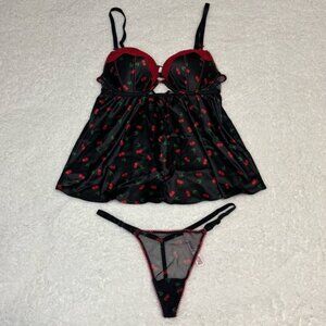 Victoria’s Secret Tease Black Cherries Satin Push-Up Babydoll Set